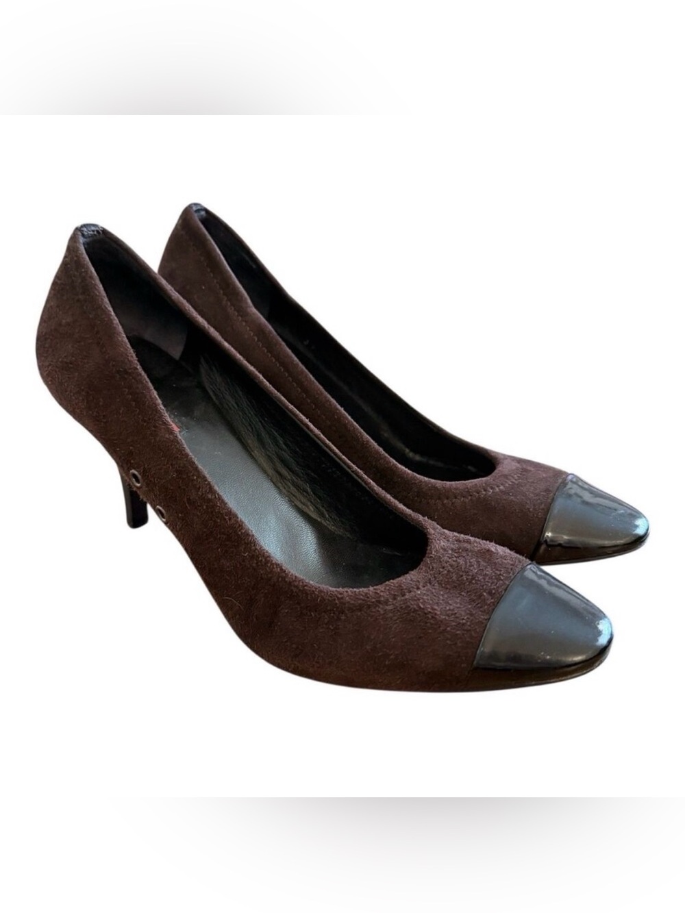 PRADA Brown Suede Black Patent Leather Cap Toe Pumps Heels Size EU 37